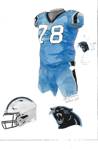 This is an original watercolor painting of the 2017 Carolina Panthers uniform.