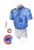 This is a framed original watercolor painting of the 2021 Chicago Cubs uniform.
