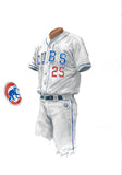 This is an original watercolor painting of the 2014 Chicago Cubs uniform.