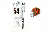 This is an original watercolor painting of the 2021 Cincinnati Bengals uniform.
