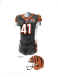 This is an original watercolor painting of the 2017 Cincinnati Bengals uniform.