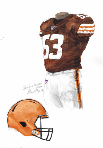 This is a framed original watercolor painting of the 2020 Cleveland Browns uniform.