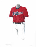 This is a framed original watercolor painting of the 2021 Cleveland Indians uniform.