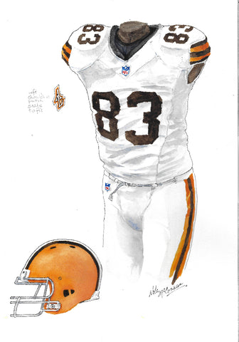 This is an original watercolor painting of the 2012 Cleveland Browns uniform.