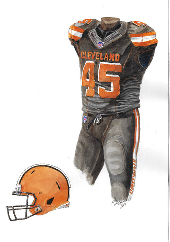 This is an original watercolor painting of the 2018 Cleveland Browns uniform.