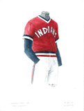 This is an original watercolor painting of the 1975 Cleveland Indians uniform.