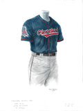 This is an original watercolor painting of the 1997 Cleveland Indians uniform.