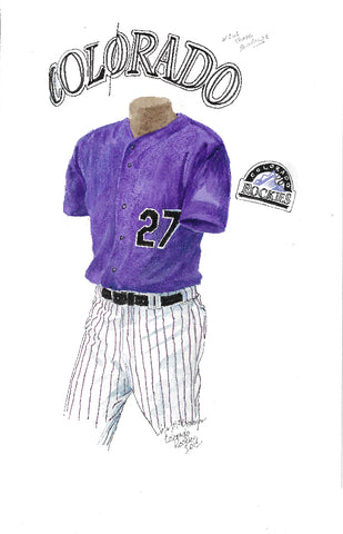 This is an original watercolor painting of the 2012 Colorado Rockies uniform.