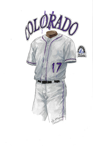 This is an original watercolor painting of the 2017 Colorado Rockies uniform.