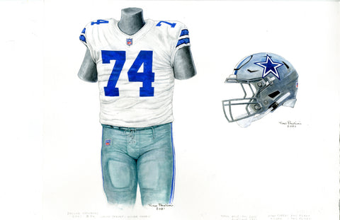 This is an original watercolor painting of the 2021 Dallas Cowboys uniform.