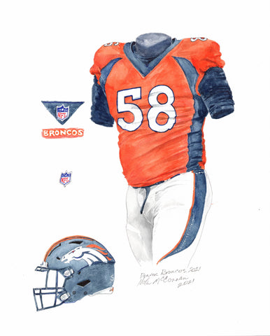 This is an original watercolor painting of the 2021 Denver Broncos uniform.