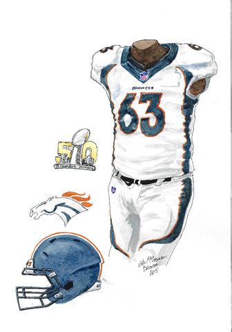 This is an original watercolor painting of the 2015 Denver Broncos uniform.