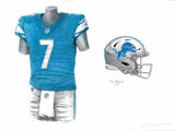 This is an original watercolor painting of the 2021 Detroit Lions uniform.