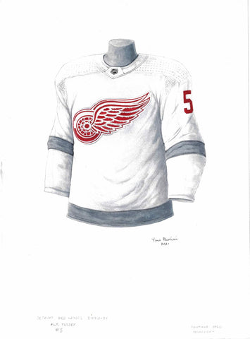 This is a framed original watercolor painting of the 2020-21 Detroit Red Wings jersey.