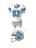 This is an original watercolor painting of the 2011 Detroit Lions uniform.