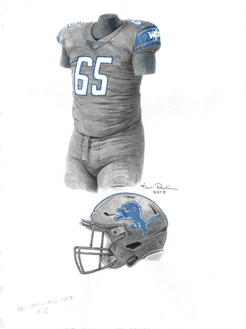 This is an original watercolor painting of the 2017 Detroit Lions uniform.
