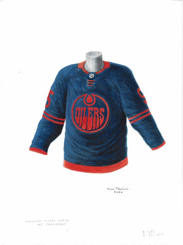This is a framed original watercolor painting of the 2019-20 Edmonton Oilers jersey.