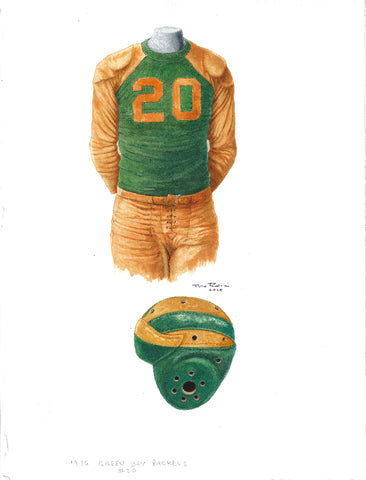 This is an original watercolor painting of the 1936 Green Bay Packers uniform.