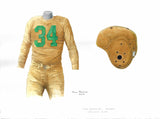 This is an original watercolor painting of the 1947 Green Bay Packers uniform.