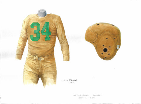 This is an original watercolor painting of the 1947 Green Bay Packers uniform.