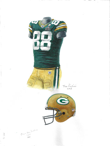 This is an original watercolor painting of the 2010 Green Bay Packers uniform.