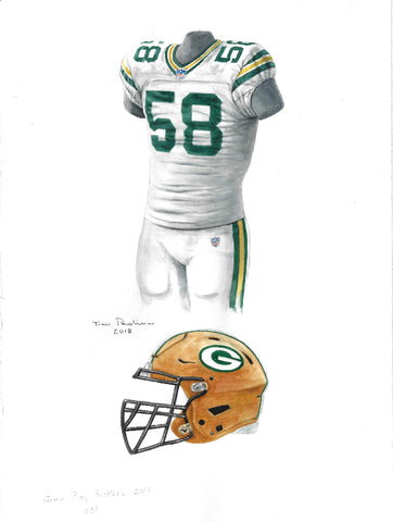 This is an original watercolor painting of the 2017 Green Bay Packers uniform.