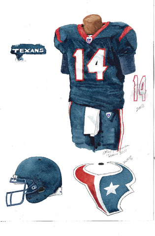 This is an original watercolor painting of the 2011 Houston Texans uniform.