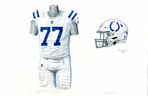 This is an original watercolor painting of the 2021 Indianapolis Colts uniform.
