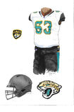 This is an original watercolor painting of the 2017 Jacksonville Jaguars uniform.