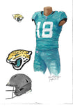 This is an original watercolor painting of the 2018 Jacksonville Jaguars uniform.