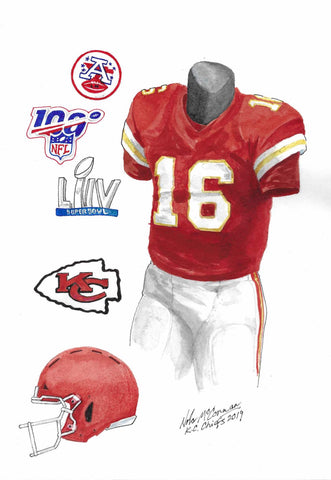 This is a framed original watercolor painting of the 2019 Kansas City Chiefs uniform.