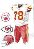 This is an original watercolor painting of the 2013 Kansas City Chiefs uniform.