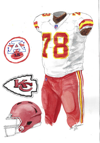 This is an original watercolor painting of the 2013 Kansas City Chiefs uniform.