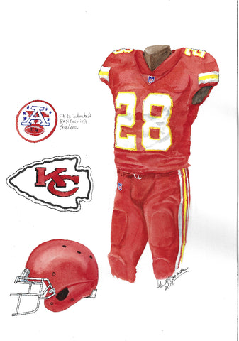 This is an original watercolor painting of the 2017 Kansas City Chiefs uniform.