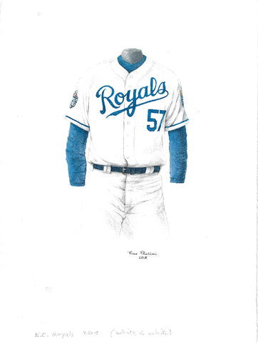 This is an original watercolor painting of the 2015 Kansas City Royals uniform.