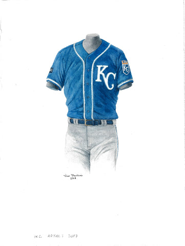 This is an original watercolor painting of the 2017 Kansas City Royals uniform.