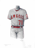 This is a framed original watercolor painting of the 2021 Los Angeles Angels uniform.