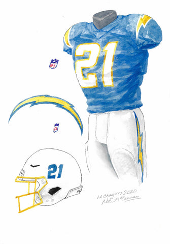 This is a framed original watercolor painting of the 2020 Los Angeles Chargers uniform.