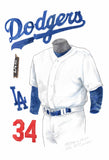This is an original watercolor painting of the 2020 Los Angeles Dodgers uniform.