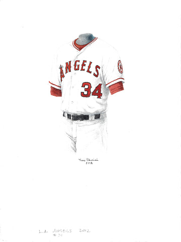 This is an original watercolor painting of the 2012 Los Angeles Angels uniform.