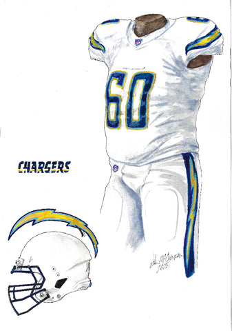 This is an original watercolor painting of the 2013 Los Angeles Chargers uniform.
