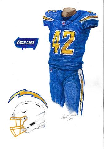 This is an original watercolor painting of the 2017 Los Angeles Chargers uniform.