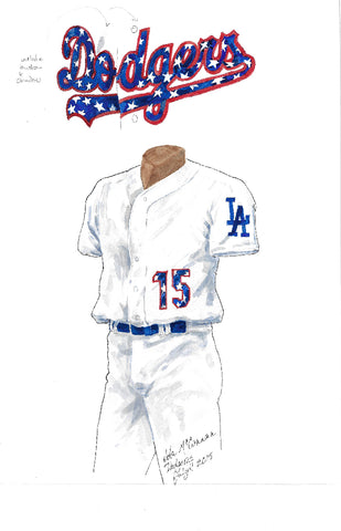 This is an original watercolor painting of the 2015 Los Angeles Dodgers uniform.