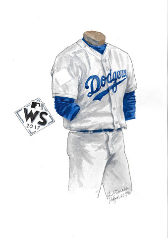 This is an original watercolor painting of the 2017 Los Angeles Dodgers uniform.