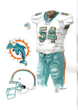 This is an original watercolor painting of the 2011 Miami Dolphins uniform.