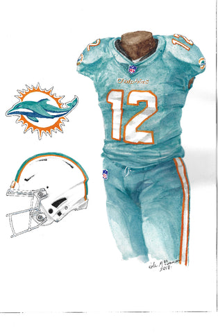 This is an original watercolor painting of the 2018 Miami Dolphins uniform.