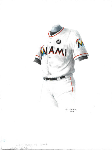This is an original watercolor painting of the 2017 Miami Marlins uniform.