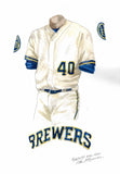 This is a framed original watercolor painting of the 2020 Milwaukee Brewers uniform.
