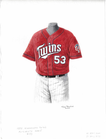 This is a framed original watercolor painting of the 1997 Minnesota Twins uniform.