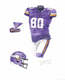 This is an original watercolor painting of the 2021 Minnesota Vikings uniform.